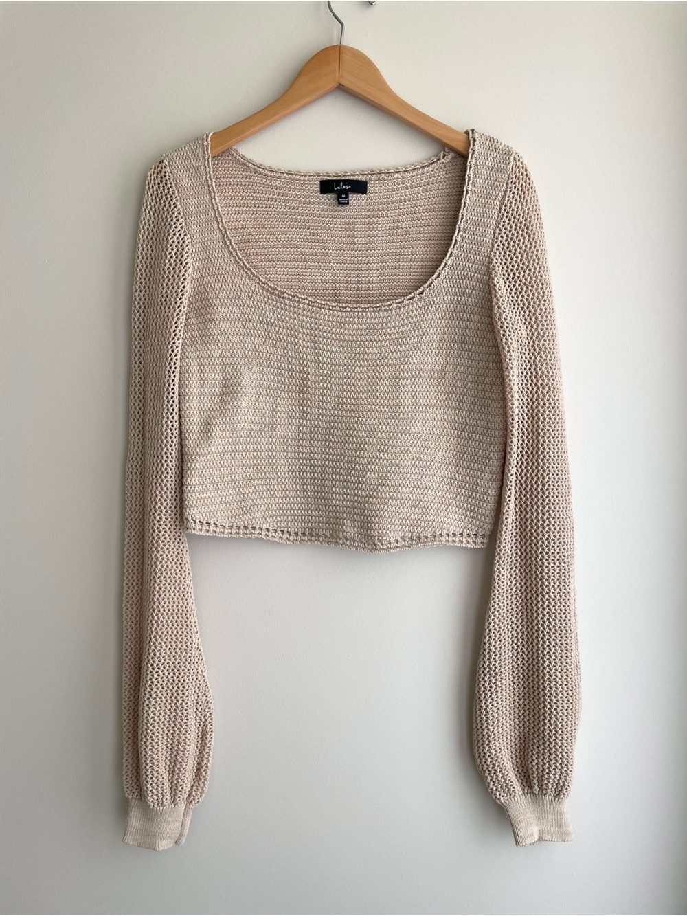 Lulu's Neutral Beige Cropped Scoop-Neck Knit Boho Sweater